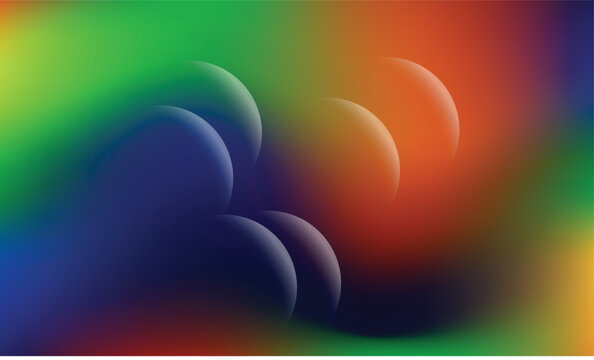 abstract vector background featuring multiple translucent glass spheres floating over rich green, blue, orange, red, and yellow gradients. soft blur and glowing light effects create a vibrant futurist