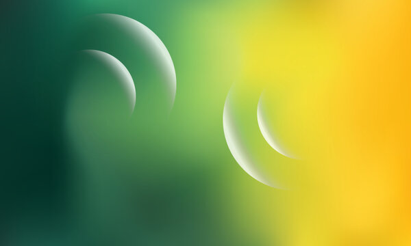 abstract vector background featuring translucent glass-like spheres floating across rich emerald green and golden yellow gradients with soft glow and smooth color transitions. created in adobe illustr