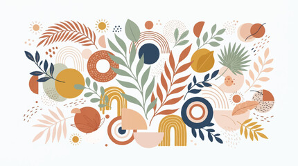 Naklejka premium Colorful botanical pattern with stylized leaves and fruit in soft pastel tones.