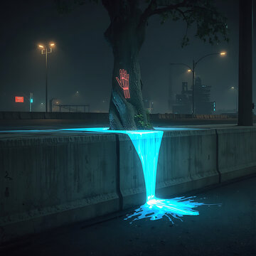 Glowing tree at night. Neon light flow.