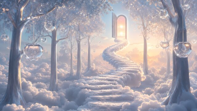 Cloud Stairway to a Glowing Door in Silver Forest