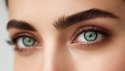 Naklejka premium Close-up portrait of female eyes with natural makeup and groomed eyebrows expression detailed cosmetic eyelashes feminine portrait complexion aesthetic attractive wellness