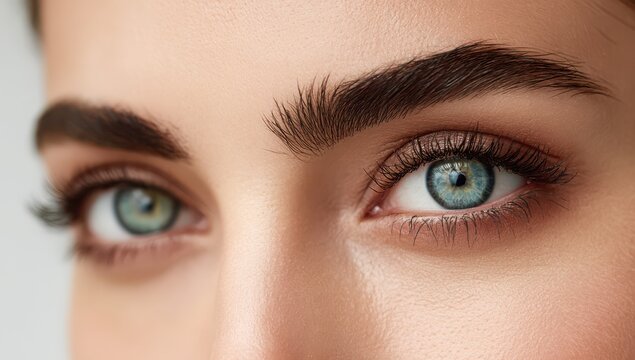 Close-up portrait of female eyes with natural makeup and groomed eyebrows expression detailed cosmetic eyelashes feminine portrait complexion aesthetic attractive wellness