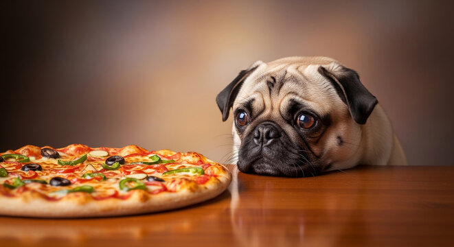 A pug stares longingly at a pizza on a wooden table, representing desire for food and a humorous situation