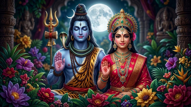 Divine figures of deities with ornate jewelry and floral surroundings, symbolizing spirituality, peace, and divine union, perfect for cultural or religious themes