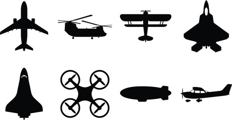 PrintBlack silhouette aviation and aircraft icon set featuring airplane, helicopter, drone, and space shuttle isolated on white. © MdArifur
