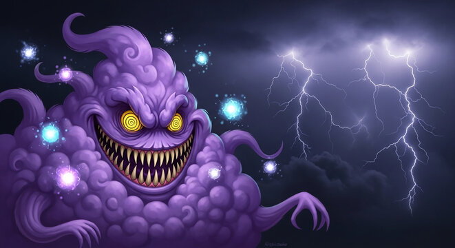 A grinning purple cloud creature with yellow spiral eyes and sharp teeth against a dark sky with lightning, symbolizing a mischievous or powerful storm entity