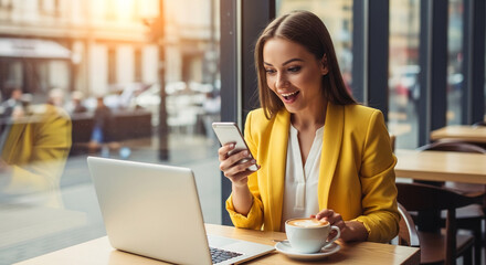Fototapeta premium Woman in yellow jacket using smartphone and laptop in cafe, enjoying coffee, symbolizing productivity, communication, and modern lifestyle