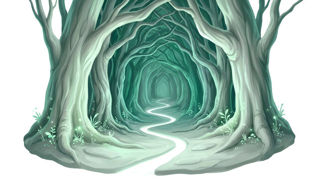 Mystical forest path. Magic woods tunnel. Enchanted nature scene with light trail.
