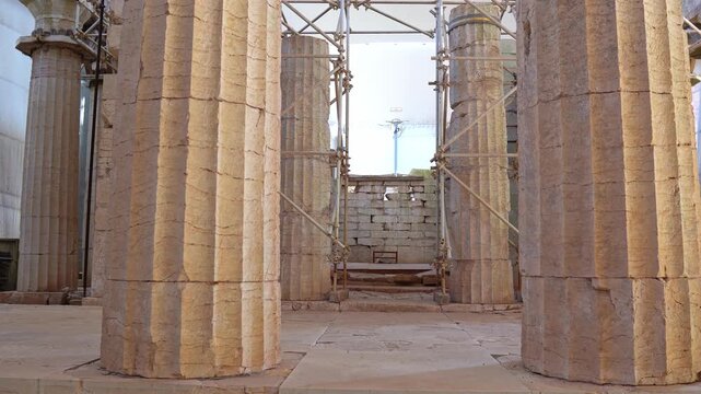 Restoration work inside ancient greek Temple of Apollo Epicurius at Bassae