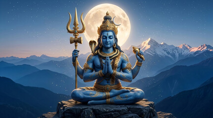 Fototapeta premium Blue deity in meditative pose with cosmic backdrop, symbolizing spiritual power and celestial presence, ideal for religious or mystical themes
