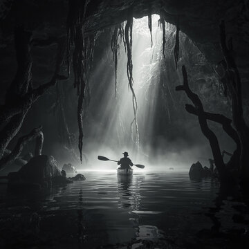 Person kayaking in cave. Explorer in a boat. Adventure travel in dark grotto.