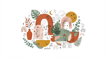 Fototapeta premium Playful abstract illustration with colorful shapes and botanical motifs.