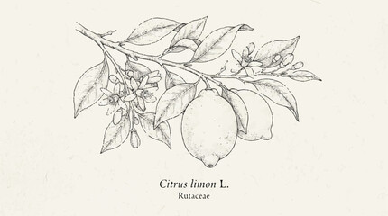 Fototapeta premium Delicate botanical illustration of a lemon on a branch with leaves and subtle shading.