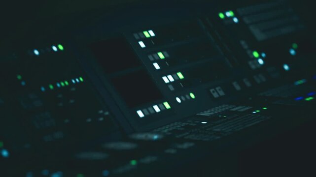 Night studio console ready for engineer session, illuminated meters and tiny LEDs trace channels and routing, empty chair implied, calm creative atmosphere
