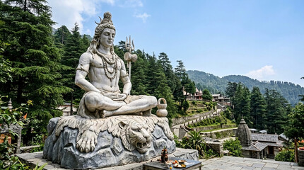 Fototapeta premium White marble statue of a meditating deity on a tiger, set against a lush green mountain landscape, symbolizing peace, spirituality, and nature's grandeur