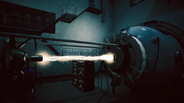 Dual thruster alignment shows beam coupling between two nozzles, central support array, symmetryfocused framing and measured glow, cooltoned walls and technical