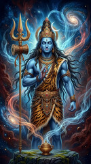 Obraz premium A deity with blue skin stands against a cosmic backdrop, holding a trident, symbolizing divine power and spirituality in a celestial scene.
