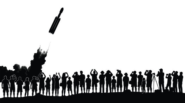Many people watch a powerful rocket launching into the bright sky during an exciting daytime event