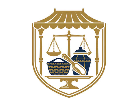 Islamic emblem with scales and goods. Muslim commerce symbol. Bazaar merchant logo