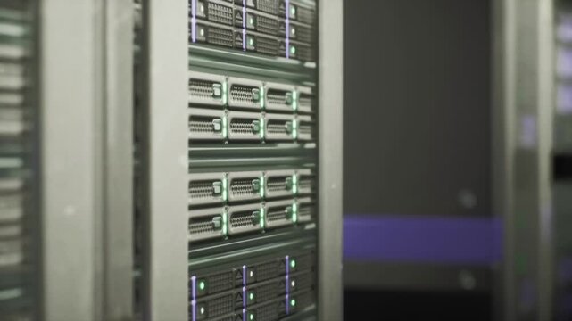 Telecom rack with glowing status LEDs neat patch panels and ports, organized cable bundles, cool industrial lighting, metallic chassis and operational