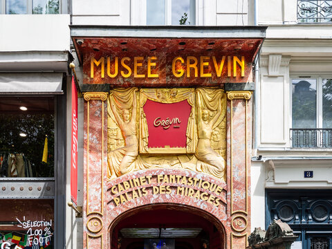 Paris, France - June 17, 2026: Facade by Albert Chartier of the Grevin Museum, a wax museum opened in 1882 by Arthur Meyer on the Grands Boulevards, which shows wax reproductions of famous people.