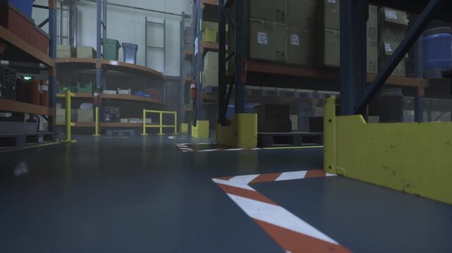 This space features neatly arranged storage shelves filled with boxes and containers, illustrating a busy warehouse environment. Various items are ready for shipping and handling.