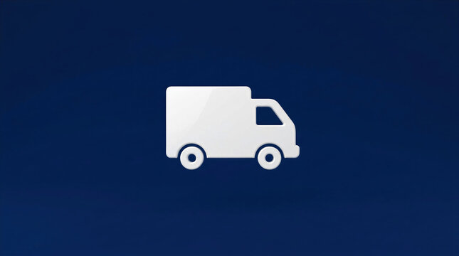 White delivery truck icon isolated on blue background. Concept for logistics transportation and shipping service. Online retail order fulfillment and express freight delivery symbol.