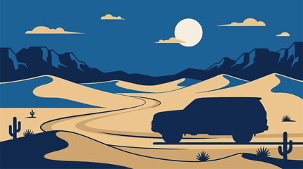 Off-Road Adventure Driving SUV Through Desert Dunes at Night Under Full Moon, Scenic Landscape Exploration © mest selda blessun