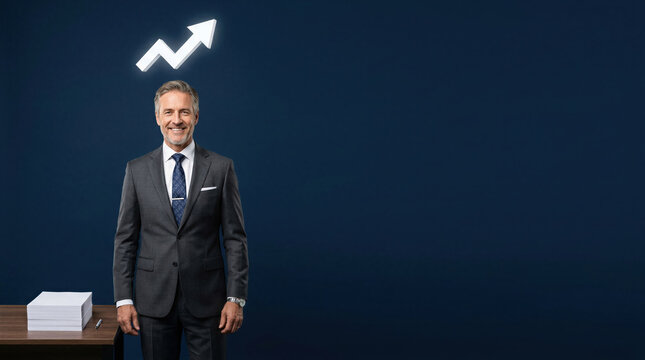 Professional businessman standing near rising trend arrow. Corporate growth and successful finance strategy concept. Experienced manager with positive result for marketing and investment.