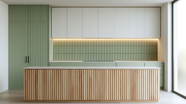 Contemporary kitchen design with green cabinets and wood island