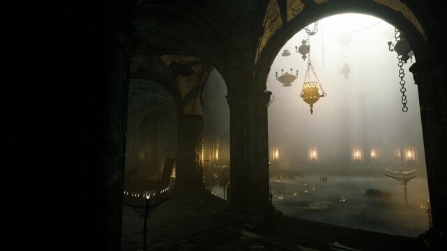 Foggy nave with hanging lanterns, scattered candles on low stands, ornate metal chandeliers silhouetted against pale shafts of light, damp air and solemn hush
