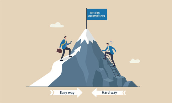 success accomplish, choosing path to succeed, way to reach business goal concept, businessmen compete easy and hard way to climb mountain