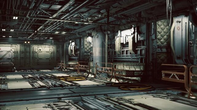 Abandoned industrial corridor with hanging cables and damp patches, urban explorer documenting decay with flashlight, flickering bulbs and peeling paint,