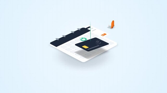 Isometric animation of a recurring card payment linked to a calendar, suitable for subscription billing, automatic payments, payment schedules, reminders, financial planning, and digital banking conce