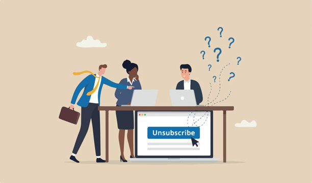 Unsubscribe email exit from mailing list, cancel subscription button, remove leaving marketing email, rejection concept, businessman team meeting computer unsubscribe button