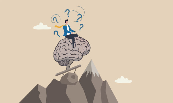 Brain intelligence boulder mountain peak new idea, smart or wisdom to brainstorm, imagination to success concept, businessman riding human brain with springboard