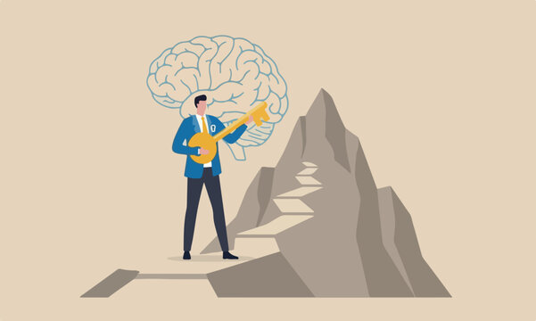 Unlock true ,boulder mountain peak self to success in career or business, secret mind or skill to solve problem concept, confidence businessman holding golden key about to unlock keyhole on his shirt