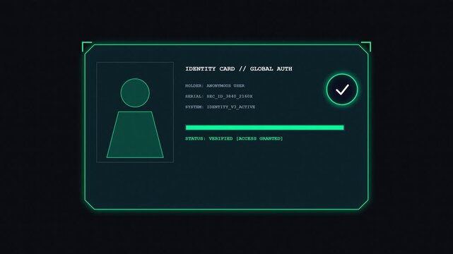 Futuristic cyber ID verification interface on a dark screen showing a digital scanning process and access granted status with green checkmark HUD graphic illustration.