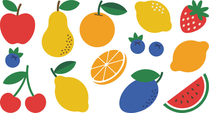 Fresh fruit vector element set with flat cute apple orange lemon strawberry cherry and watermelon slice icons isolated on plain white background