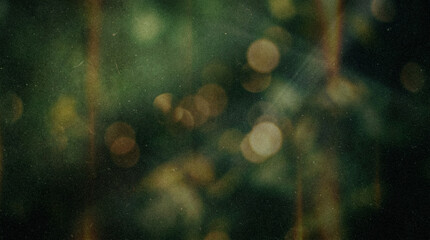 forest bokeh light texture background, blurred green nature with warm golden light orbs, vintage film grain with vertical light streaks, magical enchanted woodland backdrop for design PNG © ale studio 