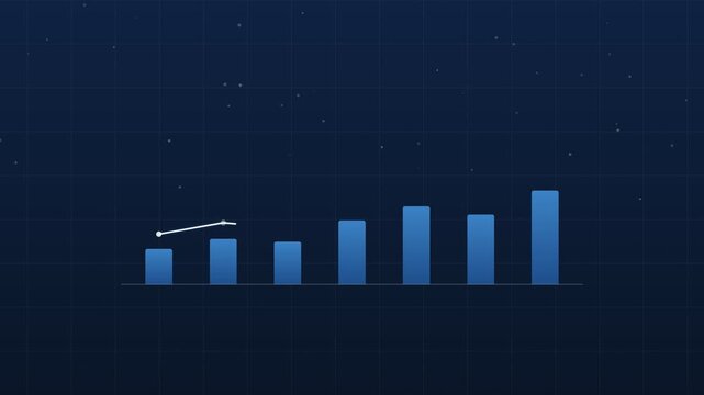 Rising financial data showing corporate growth and progress, blue bar chart and upward arrow graph on dark digital dashboard background, minimalist illustration.
