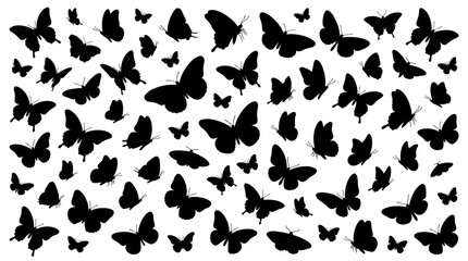 Obraz premium Black Butterfly Silhouette Patterns Set Featuring Diverse Wing Shapes and Flying Insects for Decorative Wall Art Designs