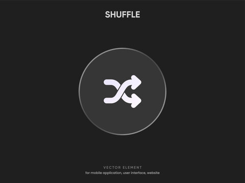 Dark glass UI shuffle icon with crossed arrows in circular button for random playback, music player, media control, playlist, mobile application and website interface vector element
