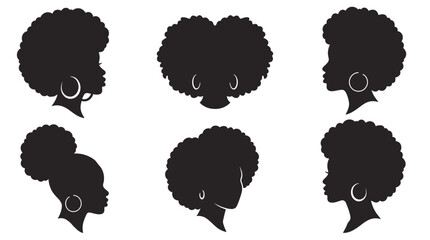 Collection of black woman silhouettes with natural afro hairstyles and hoop earrings in profile view, celebrating African American beauty and culture © kasun