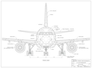 Technical Front View Schematic Drawing of a Commercial Jet Airplane for Aeronautical Engineering and Aviation Design Documentation © kasun