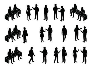 Obraz premium Isometric black silhouettes illustrating various people communication and interaction scenarios, featuring groups engaged in discussions, meetings, and casual conversations
