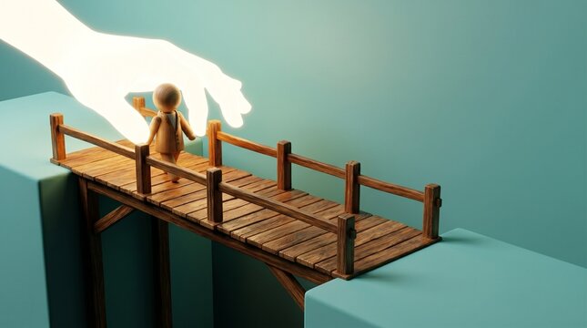 A small 3d character walking across a wooden bridge with a giant hand reaching down from the blue sky above