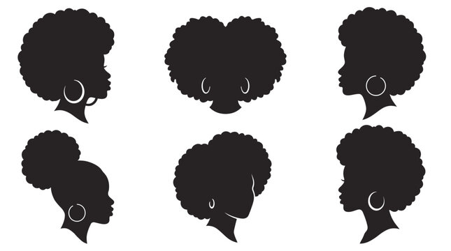 Collection of black woman silhouettes with natural afro hairstyles and hoop earrings in profile view, celebrating African American beauty and culture