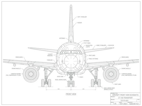 Technical Front View Schematic Drawing of a Commercial Jet Airplane for Aeronautical Engineering and Aviation Design Documentation